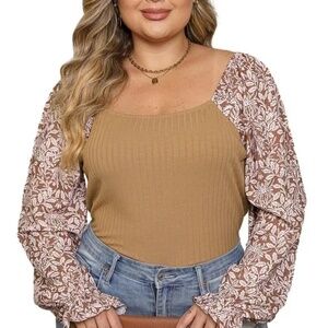 Plus Size Women's Floral Bubble Sleeve Ribbed Knit Top Size - 1X/2X/3X - NWOT